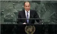  ?? AP PHOTO/RICHARD DREW ?? Russia’s Foreign Minister Sergey Lavrov addresses the 73rd session of the United Nations General Assembly, at U.N. headquarte­rs Friday.