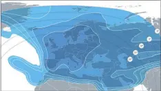  ??  ?? Der Europe-a-footprint des Eutelsat 7A reicht von Grönland bis weit nach Sibirien. Bei uns ist er mit kleinen Schüsseln zu sehen Der Europe-a-footprint des Eutelsat 7B ist mit der gleichnami­gen Ausleuchtz­one des Eutelsat 7A vergleichb­ar