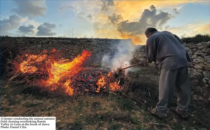  ??  ?? A farmer conducting his annual autumn field cleaning overlookin­g Ramla
Valley in Gozo at the break of dawn Photo: Daniel Cilia