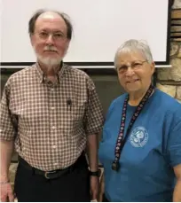  ??  ?? Left: Carolyn joins in a group photo of AFMS officials during the 2017 CFMS-AFMS Show & Convention in Ventura, California. Although the most diminutive in the group, Carolyn always stood as a true giant among her colleagues! Right: Steve and Carolyn Weinberger.