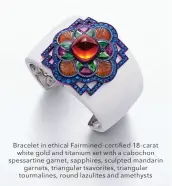  ??  ?? Bracelet in ethical Fairmined-cer tified 18-carat
white gold and titanium set with a cabochon spessar tine garnet, sapphires, sculpted mandarin
garnets, triangular tsavorites, triangular tourmaline­s, round lazulites and amethysts