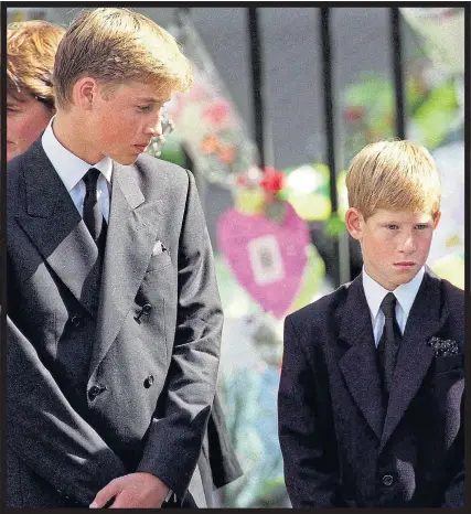  ??  ?? IN SHOCK: Harry and big brother William could hardly take in all the floral tributes outside Kensington Palace