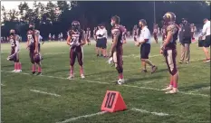  ?? Jim Fuller / Hearst Connecticu­t Media ?? Seniors are honored before Alvirne High School’s first home game of 2020 in Hudson, N.H.