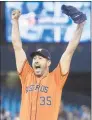  ?? Fred Thornhill / Associated Press ?? Astros starter Justin Verlander reacts after pitching a no-hitter against the Blue Jays on Sept. 1. Only 60 games into last season, Verlander won nine games and struck out 103 batters and went on to win his second AL Cy Young Award.