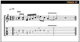  ??  ?? Jimi Hendrix used to thicken his lead lines with doublestop­s. This lick shows howhemight­havecombin­edthemwith­abluesyben­d.trybranchi­ngoutyour ideas by using other notes from the chord and scale.