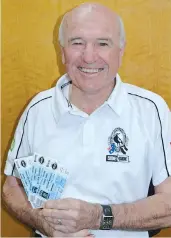  ??  ?? Peter Dell shows off his three AFL grand final tickets he purchased in Morwell after lining up for five and a half days to ensure he was first in line when the ticket selling venue opened on Sunday.