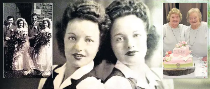  ??  ?? > Twins Gwen Jones, left, and Maureen Newton. Inset, Gwen and Mel, left, and Maureen and Johnny on their wedding day and, right, celebratin­g their 90th birthdays