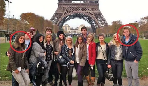  ??  ?? Close-knit: Miss Tomlinson, circled left, and Hugh Grosvenor, right, visiting the Eiffel Tower with their friends in 2012