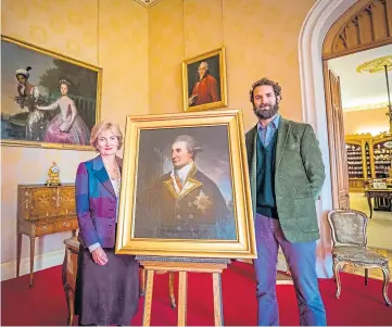  ??  ?? RESTORATIO­N: Lady Mansfield and son William Murray, the Viscount Stormont, alongside the portrait. Picture by Steve MacDougall.