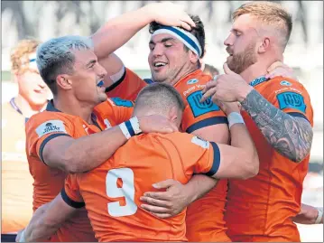  ??  ?? Edinburgh’s Stuart Mcinally celebrates his try during yesterday’s pre-season friendly against Benneton