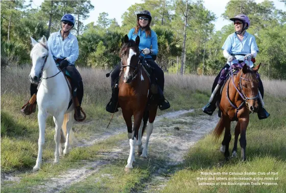  ??  ?? Riders with the Caloosa Saddle Club of Fort Myers and others on horseback enjoy miles of pathways at the Buckingham Trails Preserve.