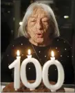  ?? LASZLO BALOGH — THE ASSOCIATED PRESS ?? Agnes Keleti,winner of five Olympic gymnastics gold medals, blows out candles on her birthday cake in Budapest, Hungary on Monday. She turned 100 Saturday.