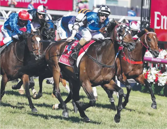  ?? Picture: MICHAEL KLEIN ?? Orr Stakes favourite Tosen Stardom, ridden by Damian Lane, wins the Group 1 Mackinnon Stakes at Flemington.