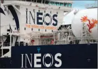  ?? (AFP) ?? An INEOS logo is seen on the JS Ineon Insight ship as it arrives to dock at Grangemout­h in Scotland.