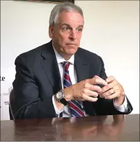  ?? Ernest A. Brown photo ?? Former U.S. Attorney Peter F. Neronha, of Jamestown, discusses his vision for the office of Attorney General as he begins his campaign for the Rhode Island Attorney General’s seat in the November election during a sit-down with editors at the Woonsocket Call on Thursday.