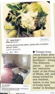  ??  ?? Tweets from Jenny Eclair after her appearance in Southport – loving The Atkinson, above . . . but not her ‘executive suite’ at the Prince of Wales, left; and being invited by one resident, below, to see ‘lots of lovely hotel rooms’ in Southport