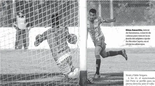  ?? JANO RUEDA-LA NUEVA. ?? lateral de Sansinena, conectó de cabeza para vencer la estirada del arquero cipoleño Nicolás Caprio, en el 1-0 de los albirrojos.