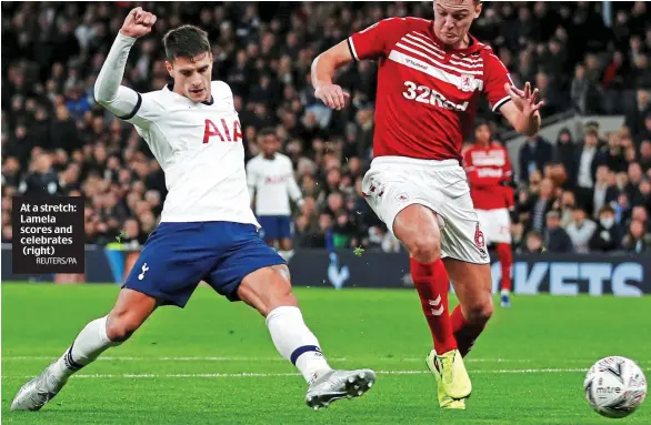  ?? REUTERS/PA ?? At a stretch: Lamela scores and celebrates (right)