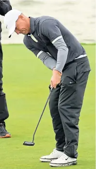  ??  ?? ACTION REPLAY: Alex Noren re-enacts his winning Ryder Cup putt at the 18th in the French Open pro-am at Le Golf National in Paris yesterday