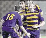  ?? STEPHEN SPILLMAN /AMERICAN-STATESMAN ?? Liberty Hill’s Jack Brewer celebrates with Izaac Zausch (15). Liberty Hill will face San Elizario on Friday.