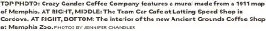  ?? PHOTOS BY JENNIFER CHANDLER ?? TOP PHOTO: Crazy Gander Coffee Company features a mural made from a 1911 map of Memphis. AT RIGHT, MIDDLE: The Team Car Cafe at Latting Speed Shop in Cordova. AT RIGHT, BOTTOM: The interior of the new Ancient Grounds Coffee Shop at Memphis Zoo.
