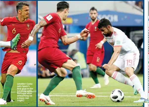  ??  ?? Leveller: Costa nets Spain’s first goal in the 3-3 draw with Portugal after embarking on a mazy run (right)