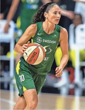  ?? MARY HOLT/USA TODAY SPORTS ?? Seattle Storm guard Sue Bird controls the ball during Game 2 of a 2020 WNBA semifinal series against the Minnesota Lynx.
