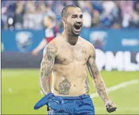  ?? CP PHOTO ?? Montreal Impact’s Andres Romero celebrates after scoring against Chicago Fire during second half MLS soccer action in Montreal, Sept. 23, 2015. Having Romero back after missing an entire season will be almost like adding a new player for the Montreal Impact.