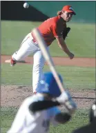  ?? NEWS PHOTO SEAN ROONEY ?? Medicine Hat Mavericks pitcher Jared Libke throws a strike against the Brooks Bombers June 14, 2016 at Athletic Park. Libke is back for a second season with the Mavs, leading a staff with more left-handers and hopefully fewer injuries to deal with this...