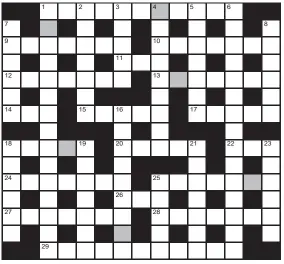  ?? ?? No 16,895
FOR your chance to win, solve the crossword to reveal the word reading down the shaded boxes. HOW TO ENTER: Call 0901 293 6233 and leave today’s answer and your details, or TEXT 65700 with the word CRYPTIC, your answer and your name. Texts and calls cost £1 plus standard network charges. Or enter by post by sending completed crossword to Daily Mail Prize Crossword 16,895, PO Box 28, Colchester, Essex CO2 8GF. Please include your name and address. One weekly winner chosen from all correct daily entries received between 00.01 Monday and 23.59 Friday. Postal entries must be date-stamped no later than the following day to qualify. Calls/texts must be received by 23.59; answers change at 00.01. UK residents aged 18+, excl NI. Terms apply, see Page 60.