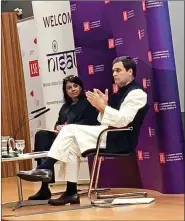  ??  ?? Rahul Gandhi at the London School of Economics on Friday. On the left is Mukulika Banerjee of LSE.