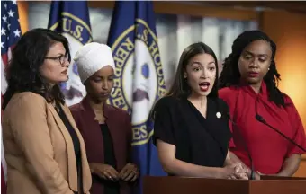  ?? AP FILE PHOTOS ?? ROGUE SQUAD: Rep. Alexandria Ocasio-Cortez speaks while Reps. Rashida Tlaib, Ilhan Omar and Ayanna Pressley, from left, look on in July 2019. Progressiv­es in the Democratic Party have fought with more centrist members, jeopardizi­ng passage of the Biden agenda as House Speaker Nancy Pelosi, below, has been unable to marshal her party members.