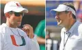  ?? ASSOCIATED PRESS FILE PHOTOS ?? Miami head football coach Manny Diaz, left, and Florida head coach Dan Mullen face each other Saturday in Orlando, Fla.
COLLEGE TOP 25