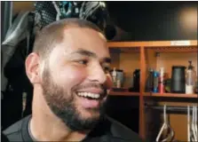  ?? BOB GROTZ — DIGITAL FIRST MEDIA ?? Eagles linebacker Kamu Grugier-Hill enjoys a light moment after being asked what got into him Friday when he called the Cowboys chokers.