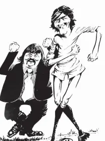  ??  ?? A cartoon showing Fleming (left) and striker Alf Stamp after the former was named New Zealand Football Associatio­n Personalit­y of the Year in 1976.