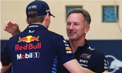  ?? Photograph: Clive Rose/Getty Images ?? Christian Horner embraces Max Verstappen in the paddock prior to practice for the Bahrain Grand Prix on Thursday.