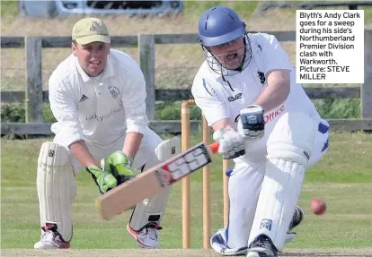  ?? Picture: STEVE MILLER ?? Blyth’s Andy Clark goes for a sweep during his side’s Northumber­land Premier Division clash with Warkworth.