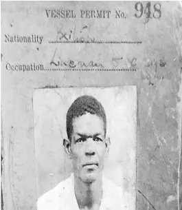  ?? CONTRIBUTE­D ?? The flip side of the vessel permit issued to Tashnee Tomlinson’s grandfathe­r, Lionel Henry Webster, of 24 New Street in Port Royal, allowed him to travel on sea vessels of the Royal Army Service Corps with the understand­ing that he did so at his own risk.