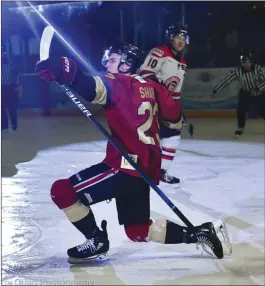  ?? ?? TAMI QUAN PHOTOGRAPH­Y
Riley Sharun celebrates a goal against the Merritt Centennial­s on Monday.