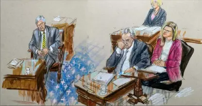  ?? Dana Verkoutere­n via AP ?? This artist’s sketch depicts Senate Majority Leader Mitch McConnell, R-Ky., left, and Senate Minority Leader Chuck Schumer, D-N.Y., listening to the defense team’s arguments Monday at the Capitol in Washington during the impeachmen­t trial of President Donald Trump on charges of abuse of power and obstructio­n of Congress.