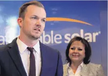  ?? SUSAN MONYOYA BRYAN/ASSOCIATED PRESS ?? Affordable Solar President Kevin Bassalleck discusses full-time positions his firm will create at Facebook’s Los Lunas project at a Wednesday news conference as Gov. Susana Martinez looks on.