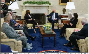  ?? (AP/Patrick Semansky) ?? President Joe Biden and Vice President Kamala Harris meet with lawmakers Monday in the Oval Office of the White House to discuss the $2.3 trillion infrastruc­ture proposal. More photos at arkansason­line.com/413oval/.