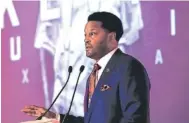  ??  ?? Texas A&M football coach Kevin Sumlin speaks Wednesday at SEC Media Days.