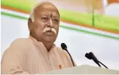  ?? — PTI ?? RSS chief Mohan Bhagwat speaks at an event, titled “Future of Bharat: An RSS perspectiv­e”, at Vigyan Bhavan in New Delhi on Monday.