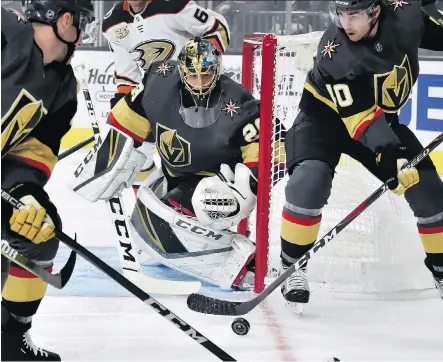  ?? DAVID BECKER/THE ASSOCIATED PRESS ?? The Vegas Golden Knights’ Marc-Andre Fleury is among the NHL netminders expressing concern over the new equipment being used this season. “You get stingers and bruises and stuff like that,” he said.