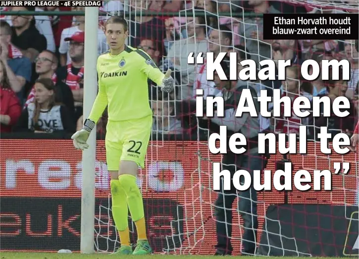  ?? FOTO PHOTO NEWS ?? De Amerikaans­e doelman Ethan Horvath was gisteren in Kortrijk de beste speler bij de bezoekers, die lang niet met hun sterkste ploeg op het veld kwamen.