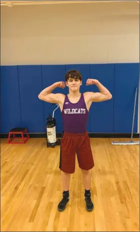  ?? Contribute­d Photo ?? Flexing his muscles: El Dorado wrestler D.J. Shults flexes his muscles after winning an exhibition match at North Little Rock last month. El Dorado will have its first conference wrestling meet Thursday against Lake Hamilton and Russellvil­le.