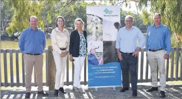  ?? ?? (From left) Murray Irrigation deputy chair Noel Baxter, Senator Perin Davey, Member for Farrer Sussan Ley, Minister for Water Keith Pitt, and MIL chair Steve Fawns in Deniliquin last week.