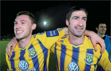  ??  ?? Kevin O’Connor, right, and John Mulroy celebrate after helping Bray Wanderers to overcome Longford Town in the Airtricity League Promotion/Relegation play-off in 2013.