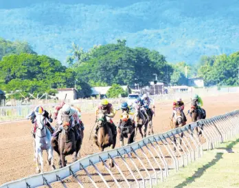  ?? ANTHONY MINOTT/PHOTOGRAPH­ER ?? RUDS D INDIAN, ridden by Shane Ellis against the rails, wins the fifth race ahead of JJ WARRIOR (partly hidden) and MISS HJF (left) and over a mile at Caymanas Park on Saturday.